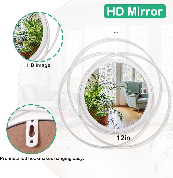 3 Set 12'' White Circle Mirrors Wall Decorative Wire Metal Mirror Art Small Round Mirror Home Decor Hanging Mirror for Room/Bedroom/Bathroom/Entryway