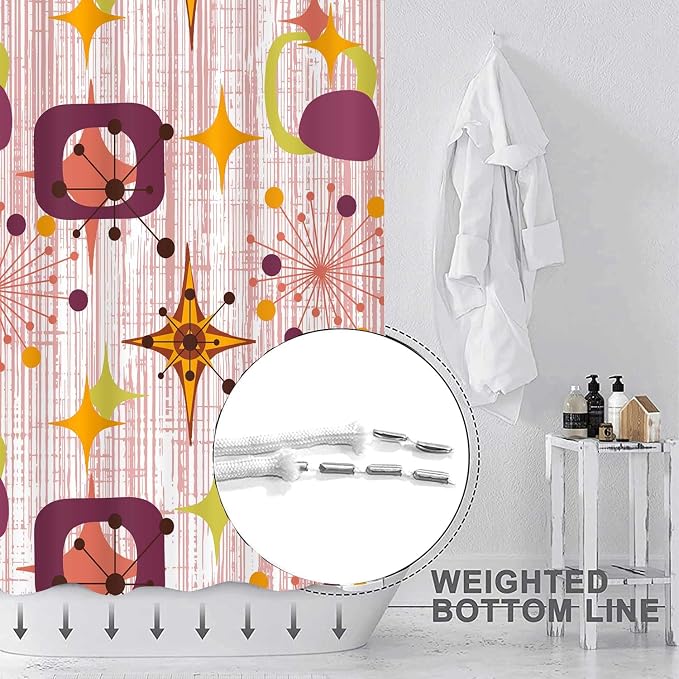 Mid Century Shower Curtain, 72x72inch, Modern Abstract Retro Red Striped Geometric Shower Curtain Sets 1950s Boho Bathroom Shower Curtain with 12 Hooks