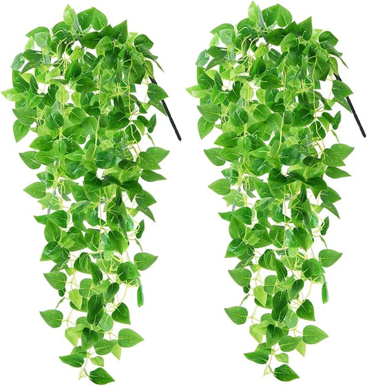 Artificial Hanging Plants, 2PCS Artificia Green Vines Bouquet Hanging Plants 2.9 ft Fake Ivy Vine for Patio Home Bedroom Wedding Indoor Outdoor Wall Summer Decor(Green)