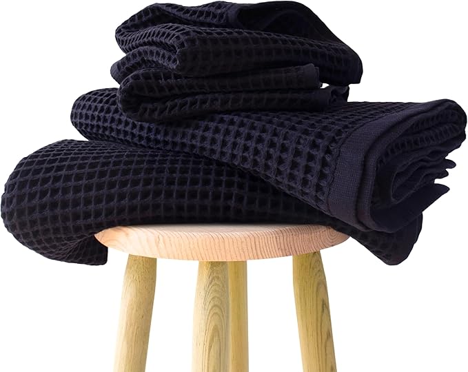 PÜSKÜL 4-Piece Natural 100% Turkish Cotton Luxury Waffle Towels for Bathroom | Premium Quality Honeycomb Weave 2 Hand Towel & 2 Bath Towel Set | Soft Absorbent Quick-Dry Lightweight Towels (Black)