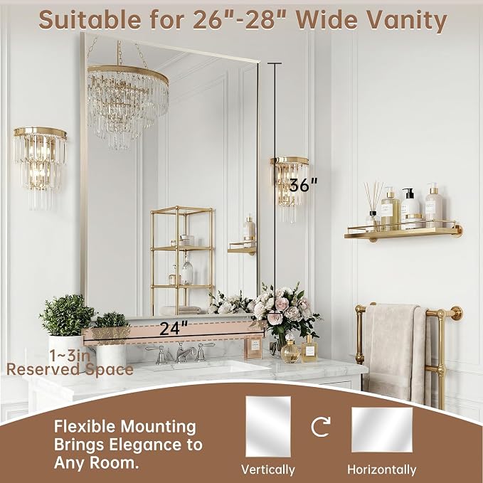 Brushed Nickel Bathroom Mirror, 30"x36" Rectangle Mirror, Brushed Mirror, Metal Frame Square Corner Vanity Mirror, Wall Mounted Mirror for Modern, Living Room, Bedroom, Horizontal Or Vertical