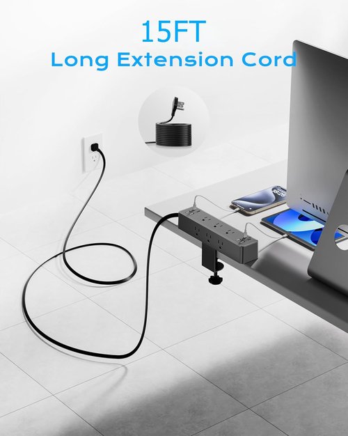 **Skiennix Flat Plug Desk Clamp Power Strip - 15FT Fast Charging Station with 9 AC Outlets & 8 USB Ports**