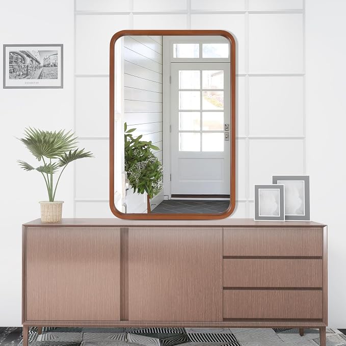 WallBeyond 20x30 Inch Wood Mirror for Bathroom, Wooden Frame Wall Mirror Farmhouse Wall Mounted Rectangle Mirror for Vanity (Horizontal/Vertical Walnut Color)