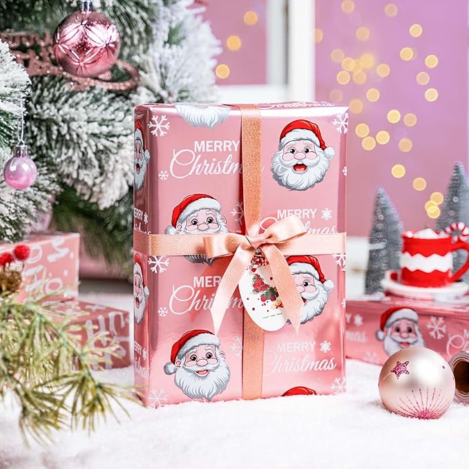 MAYPLUSS Pink Christmas Wrapping Paper Roll - 17IN X 33FT - Santa Claus Gift Wrapping Paper Featuring Merry Christmas Snowflake Reversible HO for Kids, Holiday, New Year