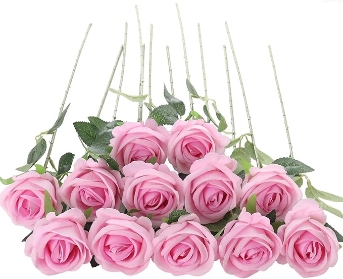 12Pcs Pink Roses Artificial Flowers Fake Roses Faux Velvet Silk Flower for Home Wedding Decoration (Pearl Rose, Gradient Pink)
