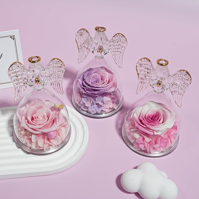 Yamonic Birthday Gifts for Women, Angel Figurines with Real Rose Gifts for Her Mom Grandma,Preserved Flowers Rose Gifts for Christmas Anniversary Birthday Gifts for Her (White+Pink)