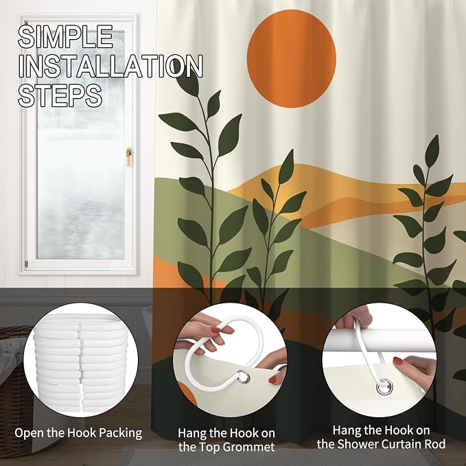 Boho Mid Century Shower Curtain for Bathroom Modern Abstract Sun Botanical Leaves Bath Curtain Neutral Minimalist Plant Waterproof Fabric Bathroom Decor Set with Hooks 72x78 inch