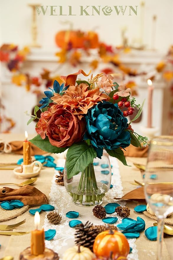 Artificial Flowers in Vase with Fake Water, Faux Silk Peony Dahlia Bouquet, Teal Burnt Orange Flowers Arrangement for Dining Table Centerpiece Wedding Chritmas Party Winter Home Decor & Birthday Gift