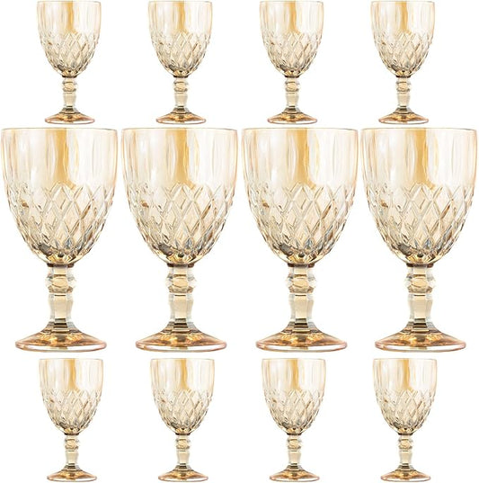 12 Pcs Vintage Wine Glasses, 11 Ounces Colored Glass Water Goblets, Colorful Unique Embossed Pattern High Clear Stemmed Glassware Wedding Party Bar Glass Drinking Cups Amber Fancy Glasses Set of 12