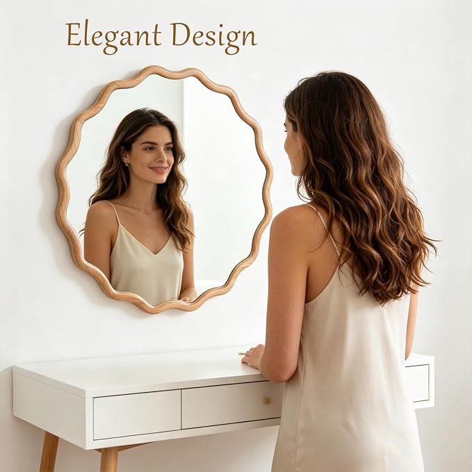 24" Wavy Edge Round Mirror, Solid Wood Framed Wall Decor with Clear Reflection for Bathroom, Bedroom, Living Room & Entryway (Solid Wood)