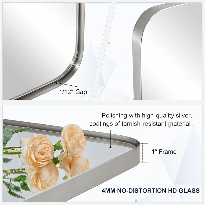 ANDY STAR 30"x48"Chrome Bathroom Mirror, Large Wall Mirror for Bathroom, Rounded Rectangle Mirror in Premium Stainless Steel Metal Frame Hangs Horizontal Or Vertical