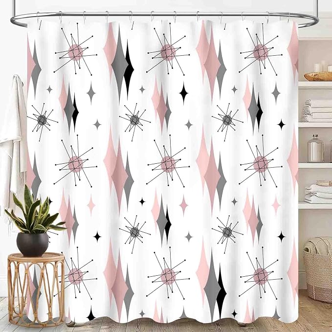 Mid Century Modern Shower Curtain, Pink Gray Geometric Atomic Abstract Pattern 1950s 1960s Retro Vintage Style Waterproof Fabric Bathroom Shower Curtain Set with Hooks, 72"x78" Inch