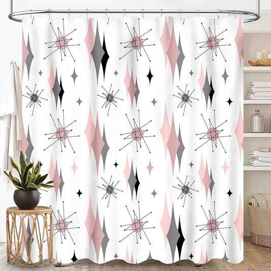 Mid Century Modern Shower Curtain, Pink Gray Geometric Atomic Abstract Pattern 1950s 1960s Retro Vintage Style Waterproof Fabric Bathroom Shower Curtain Set with Hooks, 72"x84" Inch