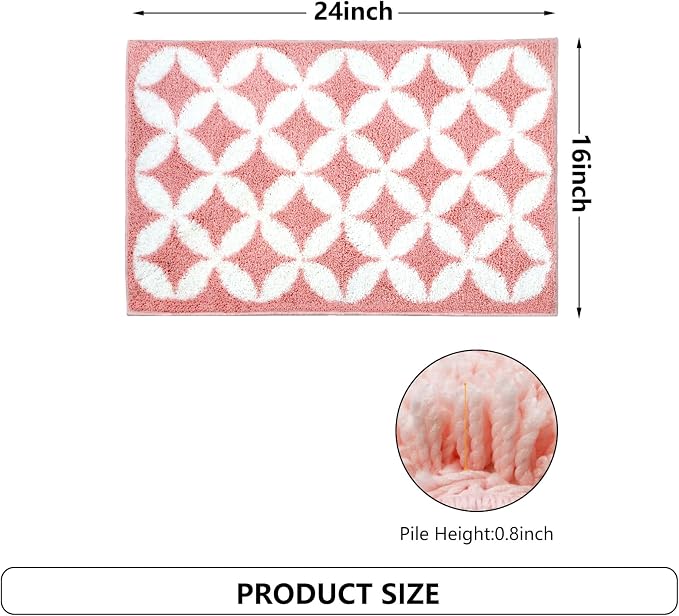 Civkor Pink and White Bathroom Rug Non Slip Washable, Cute Bath Mat for Bathroom with TPR Backing, Quick Dry Fluffy Microfiber Piles, Super Water Absorbent Thin Bath Rug Fit Under Door, 24x16Inch