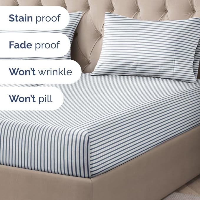 Striped Sheets - Blue & White Striped Sheets - 1 Flat & 2 Fitted & 2 Pillowcases w/ Deep Pockets – Wrinkle & Fade Free - Soft, Breathable and Cooling - Luxury Pinstripe Bedding - Split King Size Set