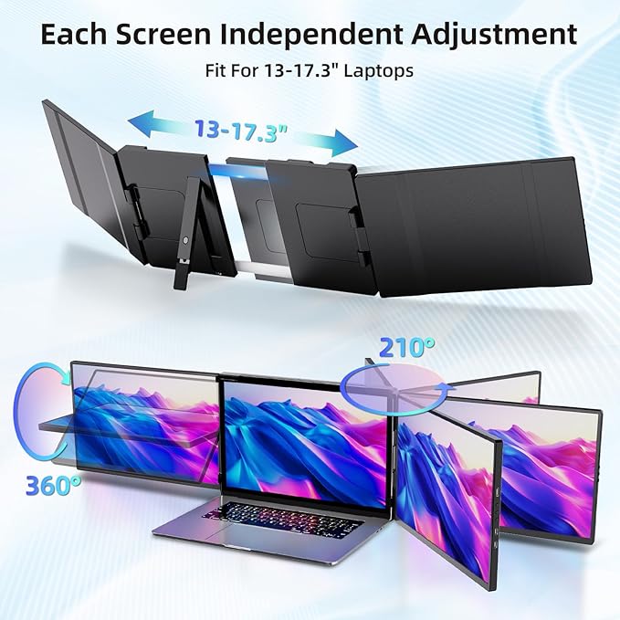 Pitycbo Laptop Screen Extender Monitor Portable - 2.5K Triple Laptop Screen Extender, Plug and Play Multiple Screens Extended Fits 13-17.3 Inch Laptops Compatible with, Windows, Chrome, Dex