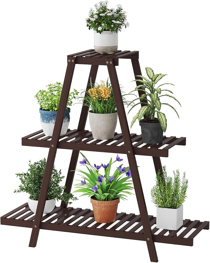 STDDRE Plant Stand For Indoor Outdoor Tiered Plant Shelf 3 Tier 8 Potted Bamboo Flower Holder Ladder Rack For Multiple Triangle Table Plant Pot Stand (Brown)