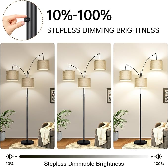 Nintiue Dimmable Floor Lamp, 3-Light Black Tree Floor Lamp with Champagne Linen Shades, Mid Century Modern Standing Lamp with Heavy Base, 3 LED Bulbs Included for Living Room Bedroom Office