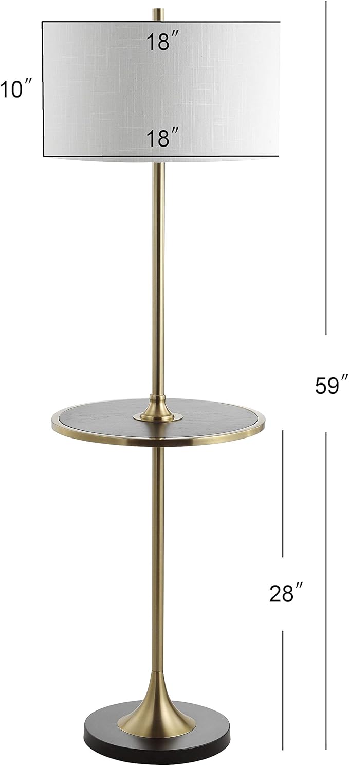JONATHAN Y 59" Black/Brass Gold Floor Lamp with Integrated Wood Side Table, Contemporary Metal Standing Lamp for Living Room, White Linen Shade, LED Bulb Included, UL Listed JYL3056A