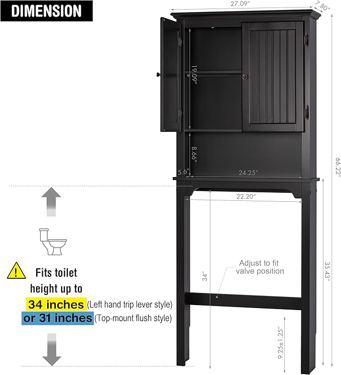 UTEX Above The Toilet Storage Cabinet, Over Toilet Bathroom Organizer with Adjustable Shelves and Double Doors, Espresso