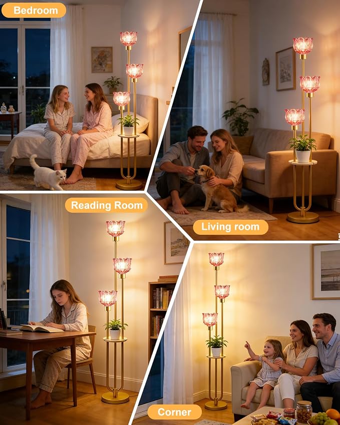 Lightdot Glass Floor Lamp for Living Room 3-Lights Modern Gold Floor Lamp with Rose Red Glass Shade 3000K Bulbs Included Unique Standing Lamp with 5Lbs Heavy Base for Bedroom/Sofa Beside/Corner Decor