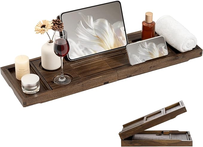 Teak Bathtub Tray, Expandable Bath Tray for Tub 28–40in, Foldable Bath Caddy with Wine Holder, Phone & Tablet Stand, Wooden Bathtub Organizer, Luxury Spa Bathroom Accessories Gift - Dark Walnut Finish