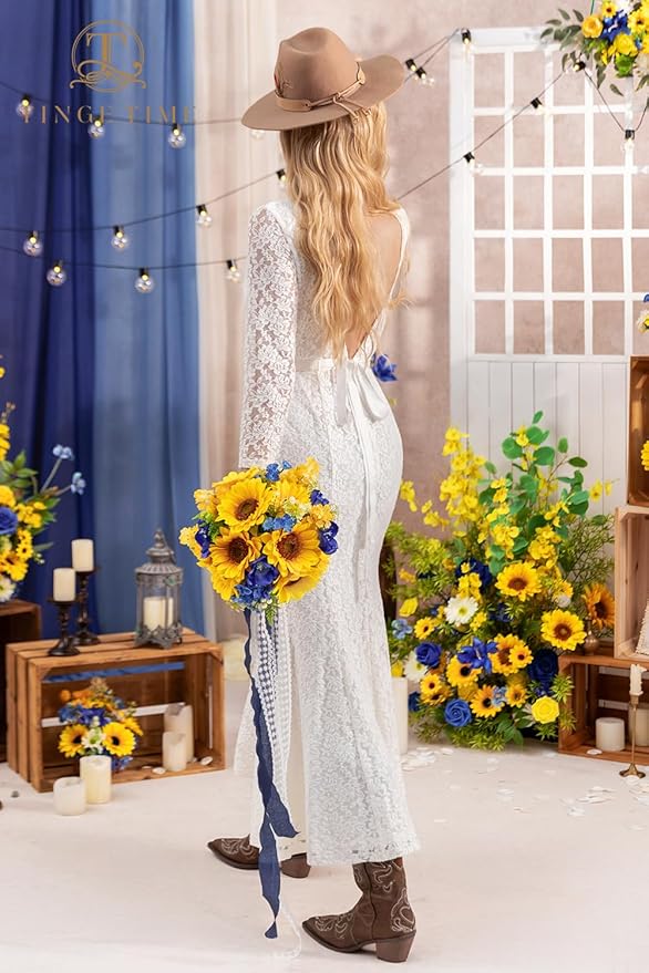 TINGE TIME 9 inch Bridal Bouquets for Bride, Artificial Silk Flowers Tossing Bouquet, Bride Bouquets for Wedding, Ceremony, Anniversary (Sunflower&RoyalBlue)