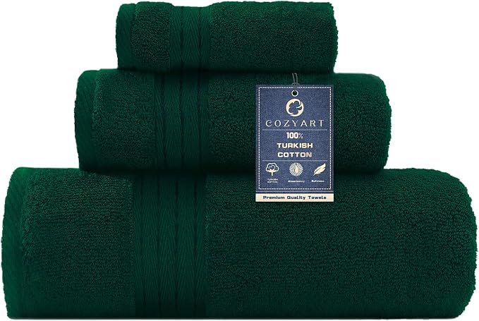 COZYART Dark Green Towels Set for Bathroom 3Pcs, Turkish Cotton Bath Towels Sets for Bathroom Soft Highly Absorbent 650 GSM with 1 Bath Towel, 1 Hand Towel, 1 Washclothe