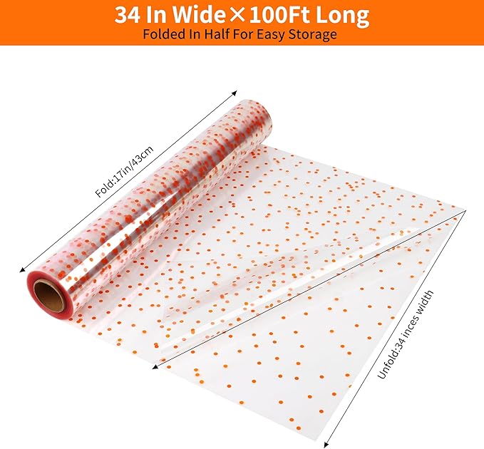 CMFYHM Clear Cellophane Wrap Roll with Orange Polka Dots | 34" x 100’ | 3 Mil Transparent Cellophane Roll,Gift Wrap Cellophane,large Cellophane Wrap Film for Autumn Thanksgiving Baskets, Gifts, Treats,Crafts, Halloween Wrapping