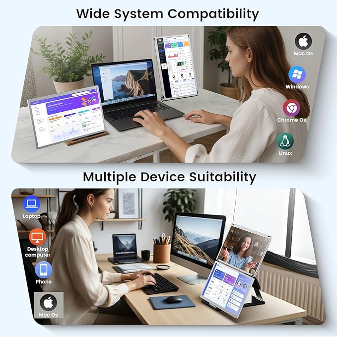 UK BONITOYS 15.6" Laptop Screen Extender, 1080P FHD Laptop Monitor Extender with 120% sRGB, 235°Rotation Detachable Dual Monitor, Plug & Play, Triple Screen Compatible with Windows, Mac, Chrome