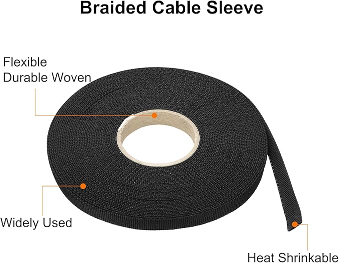 MECCANIXITY Braided Cable Sleeves Heat Shrinkable Fabric Sleeving, 5/16" 60ft Black 2:1 Ratio Heat Shrinkable Cord Protector for Harness Cable, Network Cable Protection, Cable Management