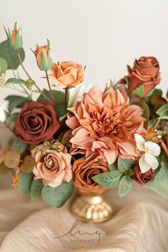 Ling's moment Terracotta Artificial Flowers with Vase Wedding Table Decor Bouquet Centerpiece Flower Potted for Ceremony Reception Desk Flowers Mantel Archway Aisle, Orange Fake Flowers Set of 2