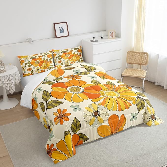 Castle Fairy Retro Flowers Comforter Set Twin Size,Watercolor Yellow Floral Green Leaves Plant Quilt Set for Kids Boys Bedroom Collection,70s Trippy Daisy Polyester Bedding with 1 Pillowcase,2Pcs