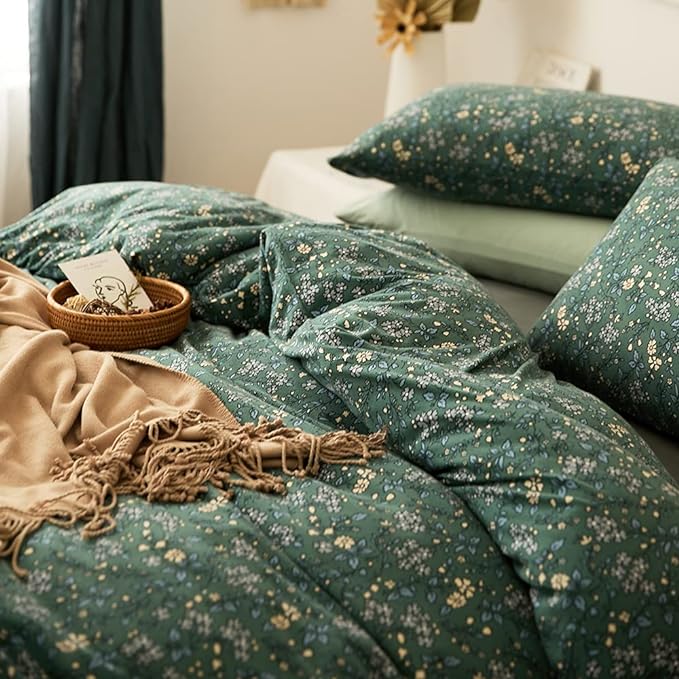 LifeTB Green Floral Duvet Cover Jersey Knit Cotton Duvet Cover King Size Vintage Flower Botanical Bedding Set Soft T Shirt Cotton Comforter Cover Chic Garden Style Bedding Cover with 2 Pillowcases