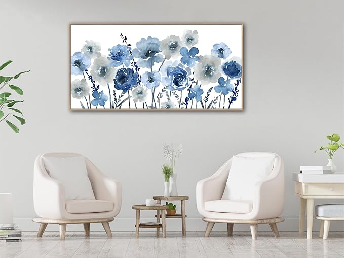 Framed Flowers Canvas Wall Art - Indigo Floral Canvas Pictures Living Room Wall Decor Botanical Canvas Prints Painting Abstract Artwork Bedroom Office Home Decor 29"x 58"