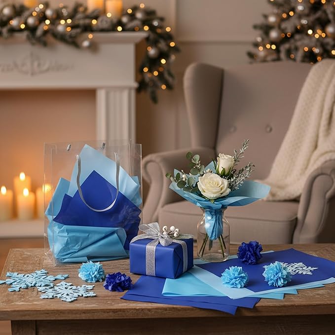 Qilery 500 Sheets Blue Tissue Paper Bulk for Gift Bags 15 x 20 Inch Acid Free Packaging and Wrapping Paper Sheets for Winter Hanukkah Decoration DIY Crafts, Bouquet, Wedding Birthday Party, Packing