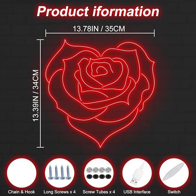 Heart Rose Neon Sign, Heart Rose Led Sign, Wedding Wall Decor, Valentine'S Day Decorations Gifts for Lover,Bedroom Bar Living Room Party, Wedding Anniversaries Party, Marriage Proposal