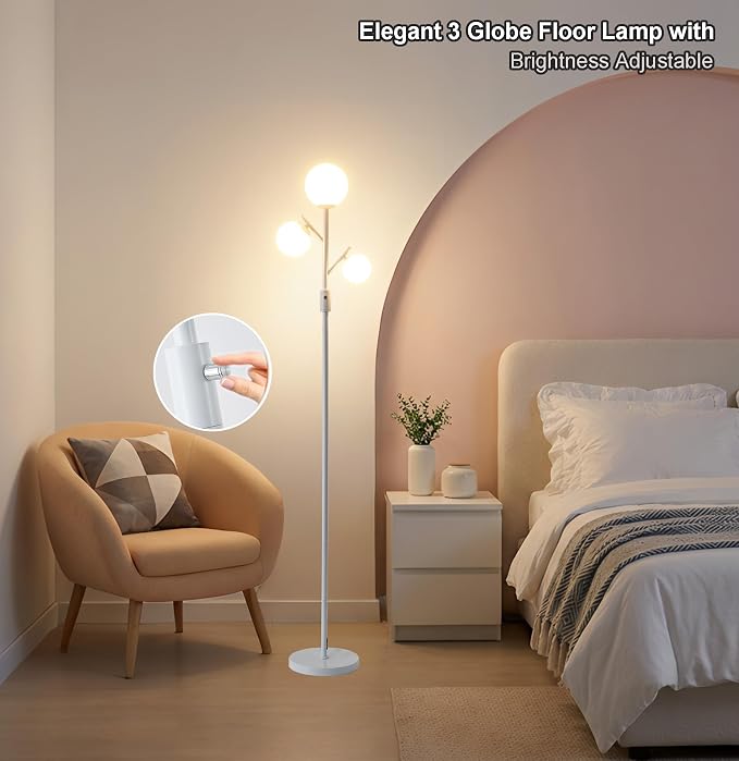 Fiqevs Mid Century Modern 3 Globe Tree Floor Lamp - Dimmable LED Standing Lamp with Bulbs, Warm Light for Living Room Bedroom Office - White