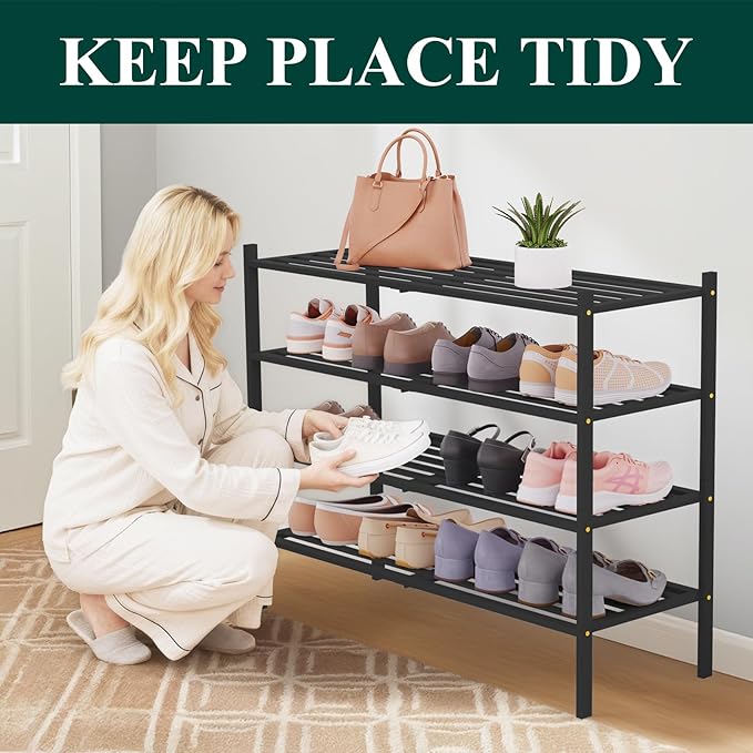 Smiry Long Bamboo Shoe Rack 4-Tier, Stackable Wooden Shoe Organizer for Entryway & Closet, Free Standing Wood Shoe Storage Shelf for Front Door & Small Spaces, Black