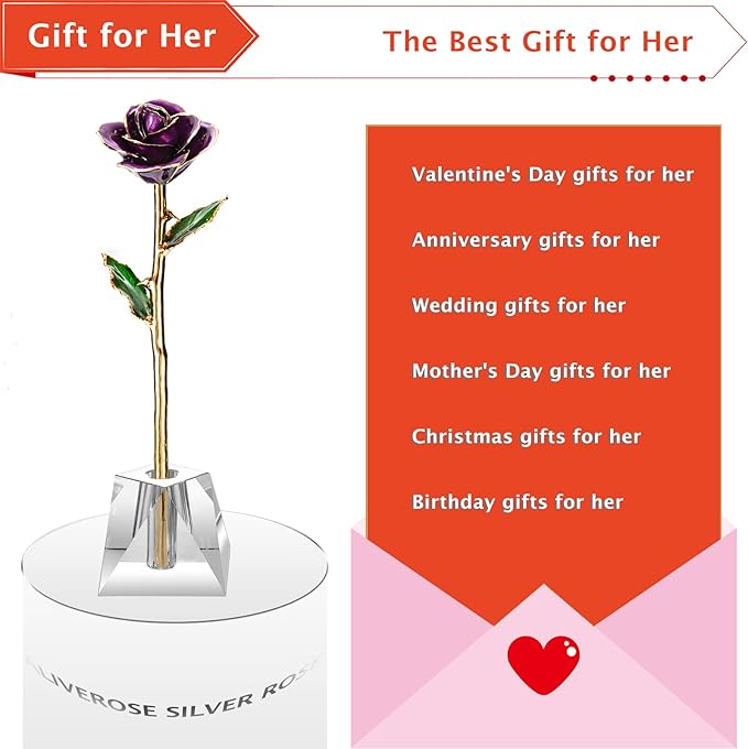 AliveRose Gold Dipped Rose,24k Gold Real Rose Gift for her, Long Stem Rose Made from Real Gold Rose for Anniversary Valentines Mothers Day Birthday (Pearl Purple with Crystal Vase)