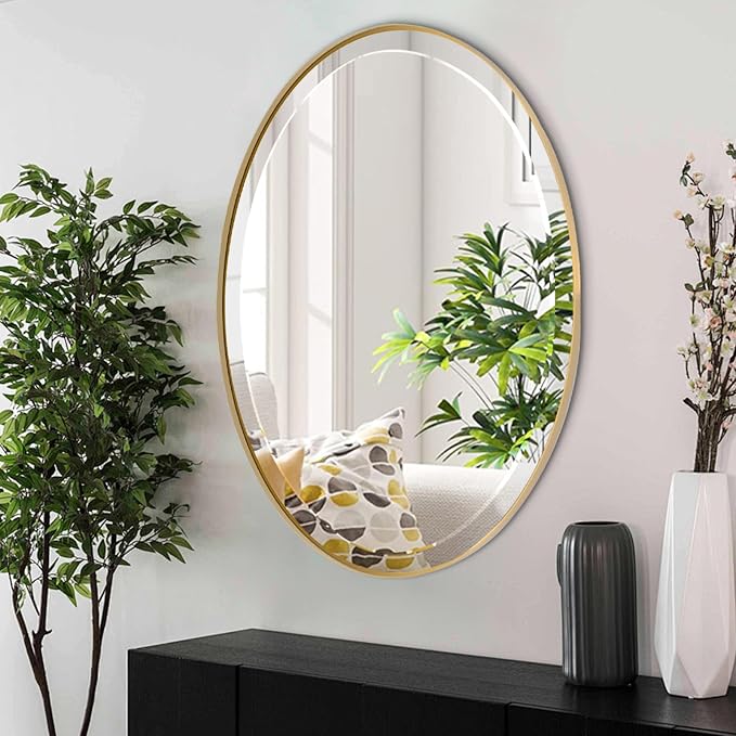 POZINO Brushed Gold Beveled Mirror, 24"x36" Brass Oval Mirrors, Bathroom Mirror for Over Sink, Modern Rounded Vanity Wall Mirrors in Premium Stainless Steel Frame, Hangs Horizontal Or Vertical