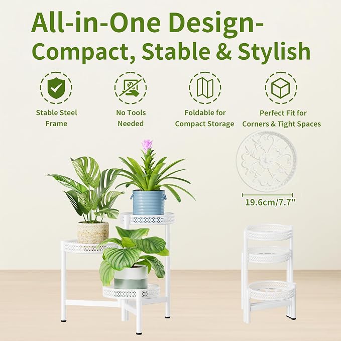 3 Tiered Tall Plant Stand Indoor Outdoor, Metral Plant Shelf for Corner Display Rack, Multi-Tier Folding Planter Pot Holder Flower Stand for Living Room Balcony Garden Patio - WhiteWave