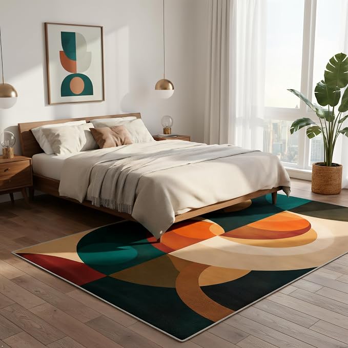 Mid Century Geometric Area Rug 6x9 – Retro Abstract Circle Pattern Rug for Living Room & Bedroom, Low Pile Washable Indoor Rug with Non-Slip Backing
