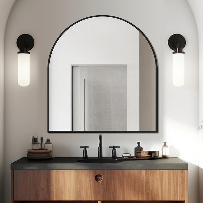 FICTOR Bathroom Mirror for Wall, Arched Vanity Bathroom Mirror for Over Sink, Metal Framed with HD Shatter-Proof Glass for Entryway, Living Room,Bedroom(30” x 32”, Black)