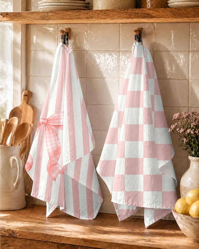 Miss Adola 2 Pack Flour Sack Kitchen Towels - 16x26 Inch Cotton Dish Towels with Hanging Loop Reusable Geometric Cute Modern Retro Tea Towel Absorbent Dishcloths Home Decor, Pink Bow