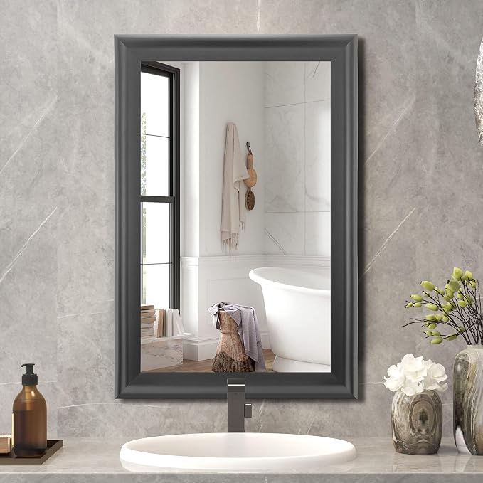 CULER Wall Grey Mirror for Bathroom,Rectangle Rustic 24 x 36 inch Hanging Vanity Mirrors with Wood Grain Finish Frame for Living Room,Bedroom,Entryway