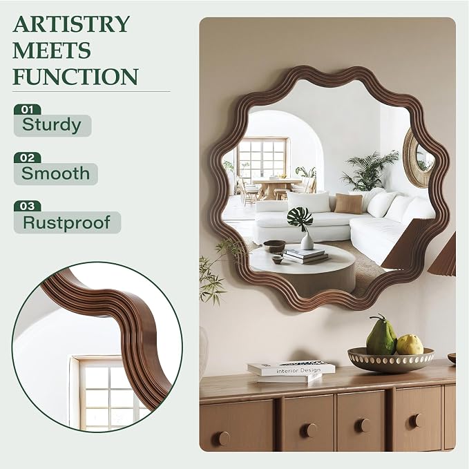 Farmhouse Wall Mirror - 31.5" Wood Frame Round Rustic Wall Decorative Mirrors, Circle Scalloped Wavy Round Boho Accent Mirror for Living Room, Bedroom, Entryway, Hallway, Fireplace (Walnut)