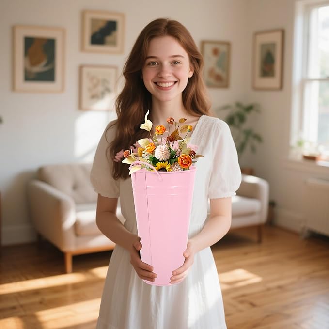 Flower Bucket for Flower Bar, 6 Pcs 10.2 Inch Metal Vases with Handles, Leak-Proof Pink French Buckets for Valentine's Day, Wedding Centerpieces, Baby Shower, Mother's Day, Farmhouse Rustic Home Decor