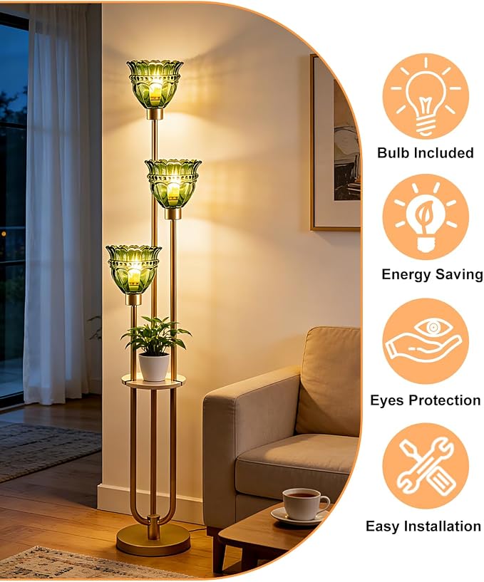 Lightdot 3-Lights Glass Floor Lamp for Living Room Modern Gold Floor Lamp with Green Glass Shade 3000K Bulbs Included Tall Standing Lamp with 5Lb Heavy Base for Bedroom/Sofa Corner Decor-Foot Switch