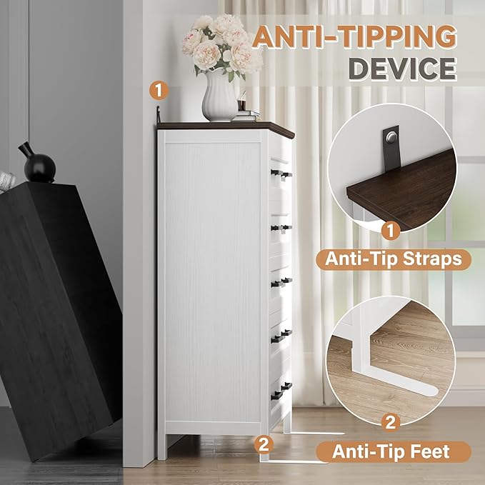 JUMMICO White Dresser Tall for Bedroom,Wooden 5 Drawer Dresser for Nursery,Chest of Drawers for Bedroom, Closet Storage Organizer for Living Room, Hallway, Closet (Brown&White)